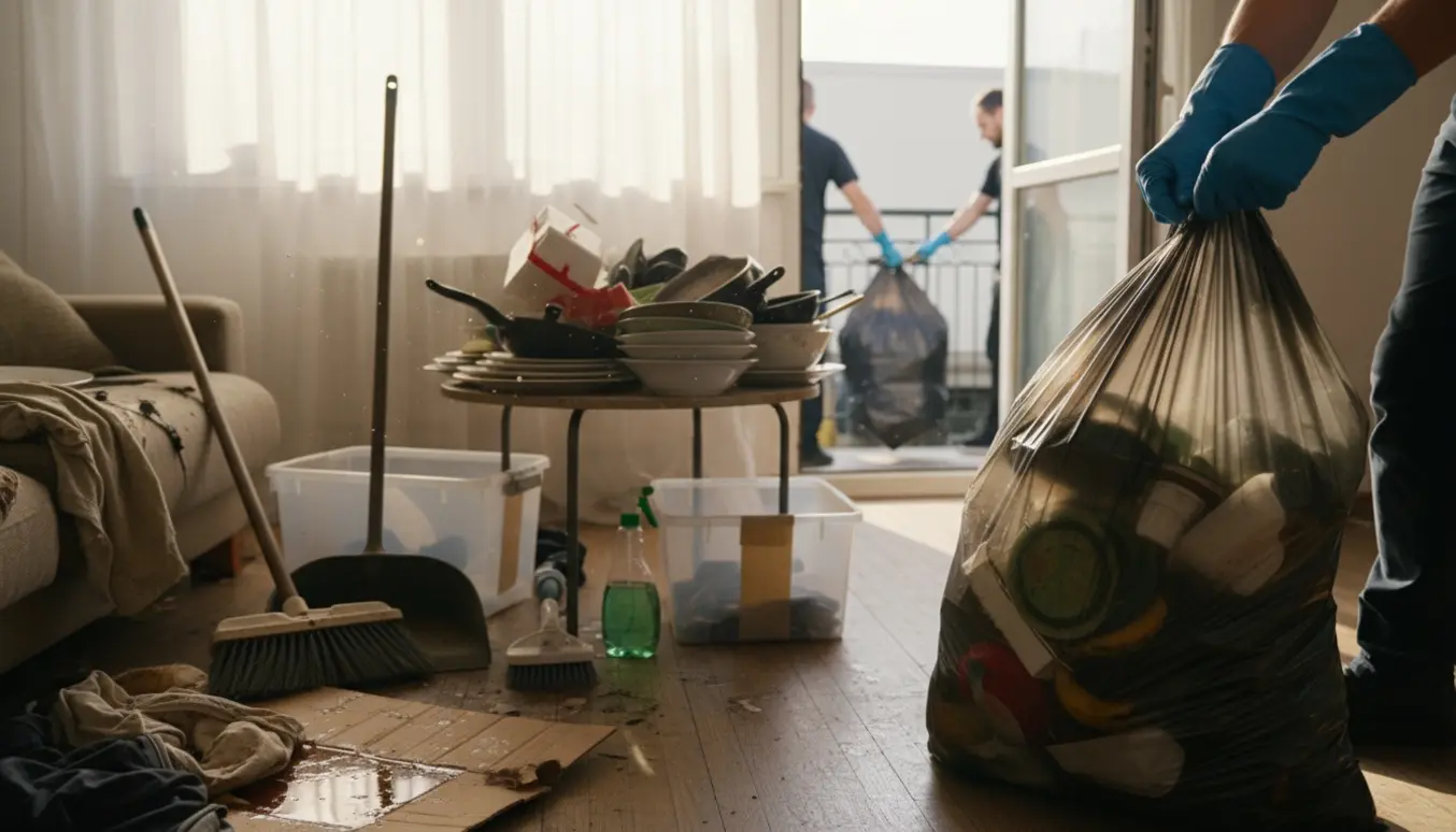 Rydning af snavset lille lejlighed med handsker, fyldte affaldssække og mugne madrester.