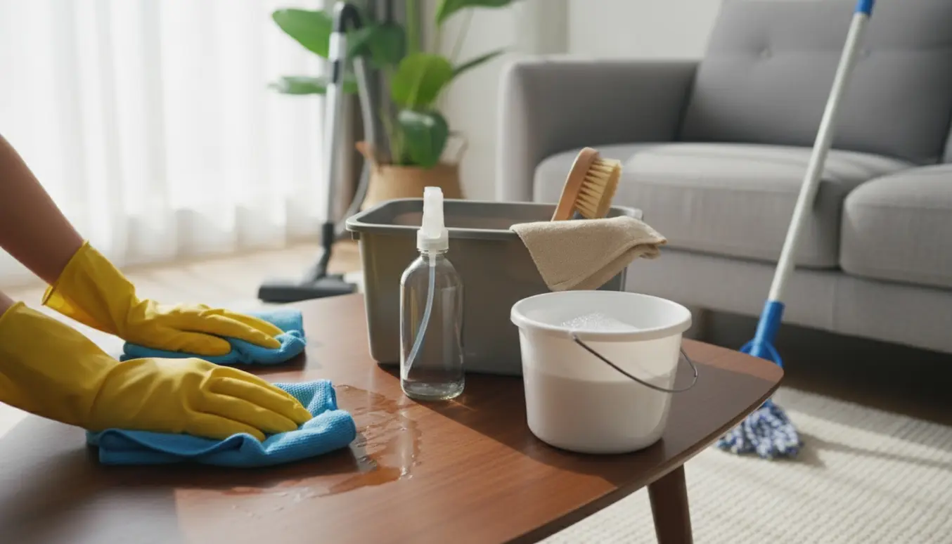 Hænder i gule handsker tørrer et sofabord med en mikrofiberklud, omgivet af rengøringsspand og støvsuger i naturligt sollys.