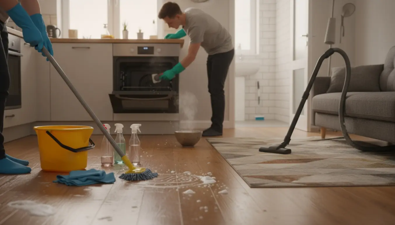 Hænder i gummihandsker moppe gulv, støvsuger sofa og skrubber en snavset ovn i en lys lejlighed.