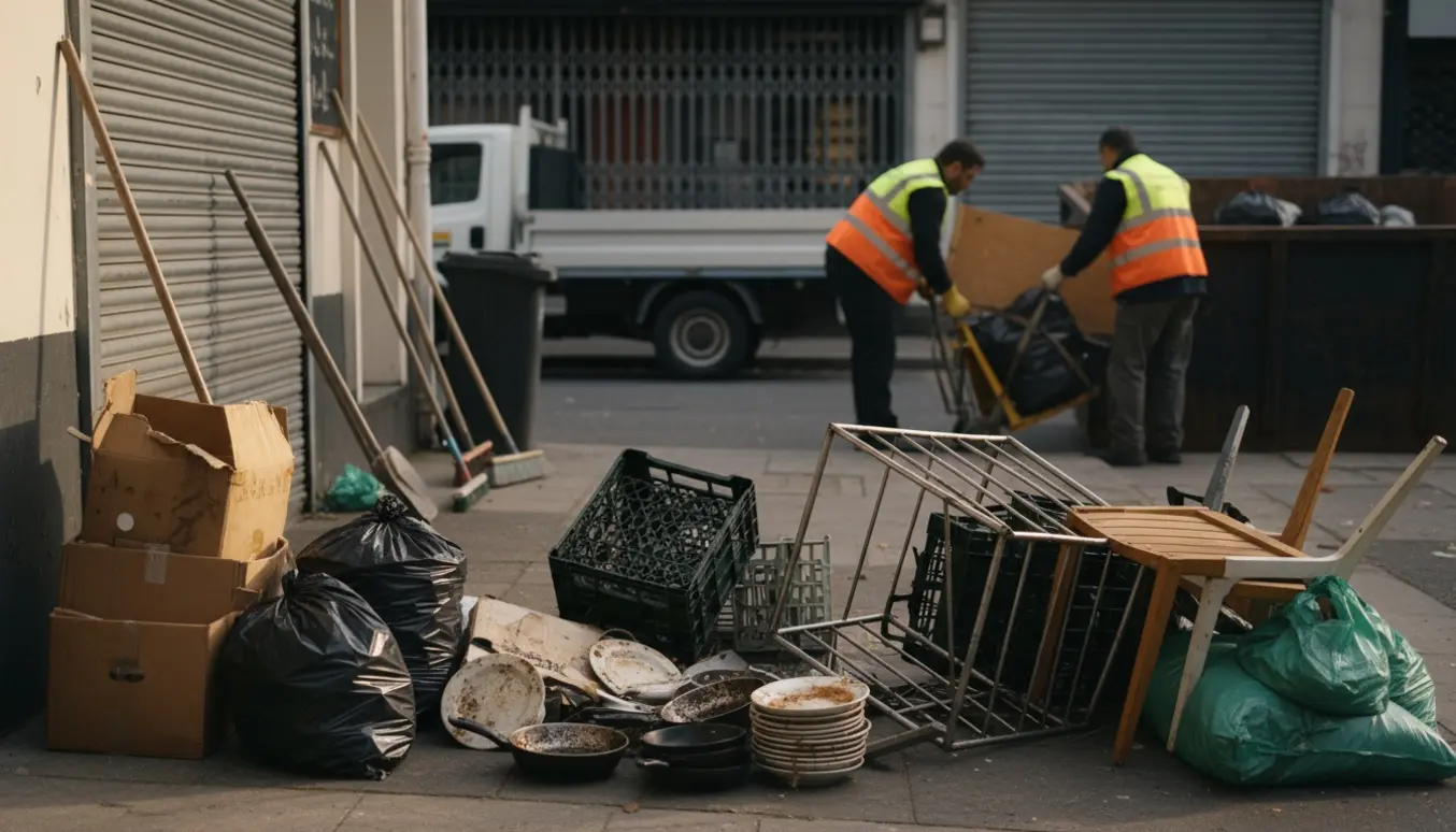 Bagfra set arbejdere sorterer og læsser blandet affald fra en lukket restaurant i en container.