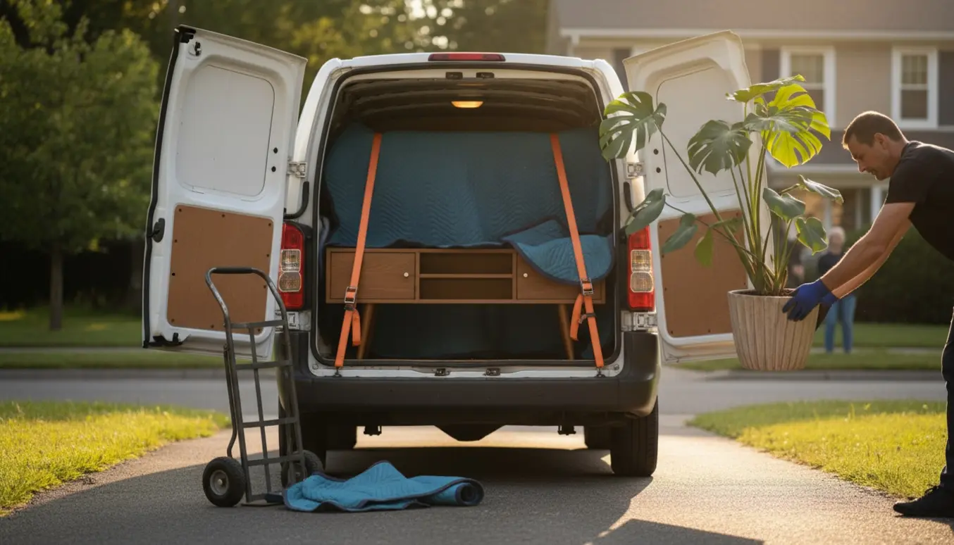 En varevogn med et indpakket sofabord, en lille reol og en frodig potteplante klar til afhentning.