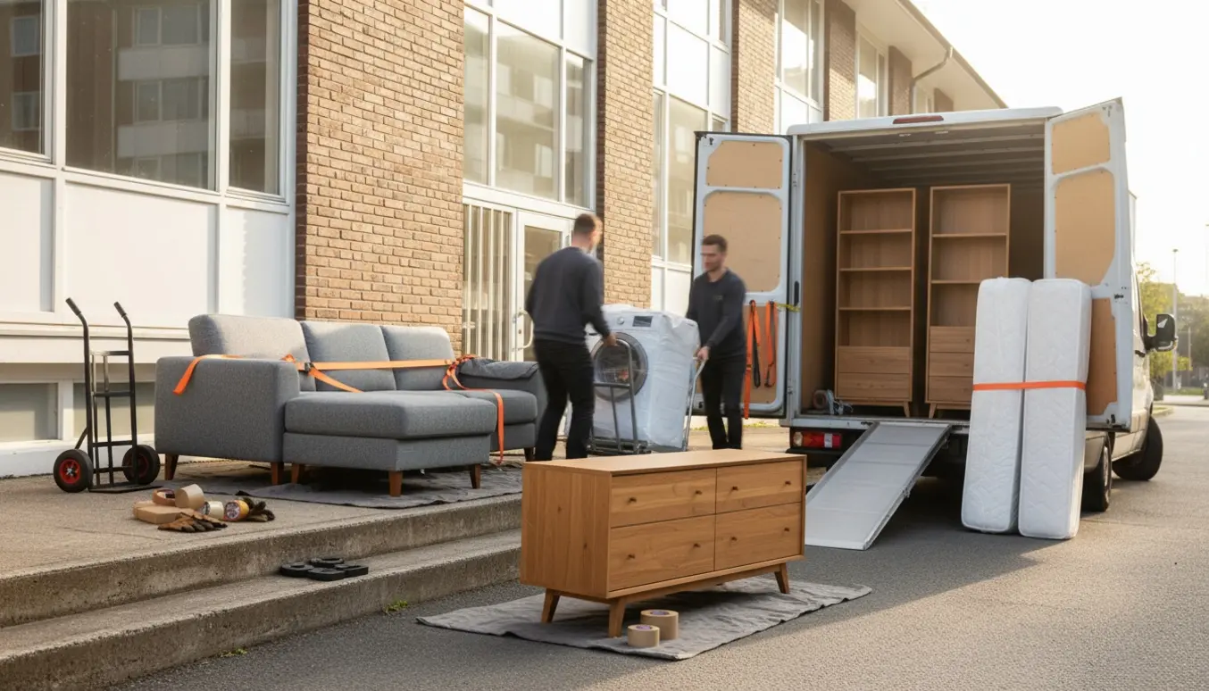 Flyttefolk laster vaskemaskine, sofa og senge på en flyttebil, ansigter ikke tydelige.