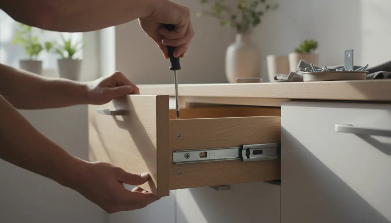Nærbillede af hænder, der strammer en løs skrue i en køkkenskuffes sideskinne for at reparere skuffen.