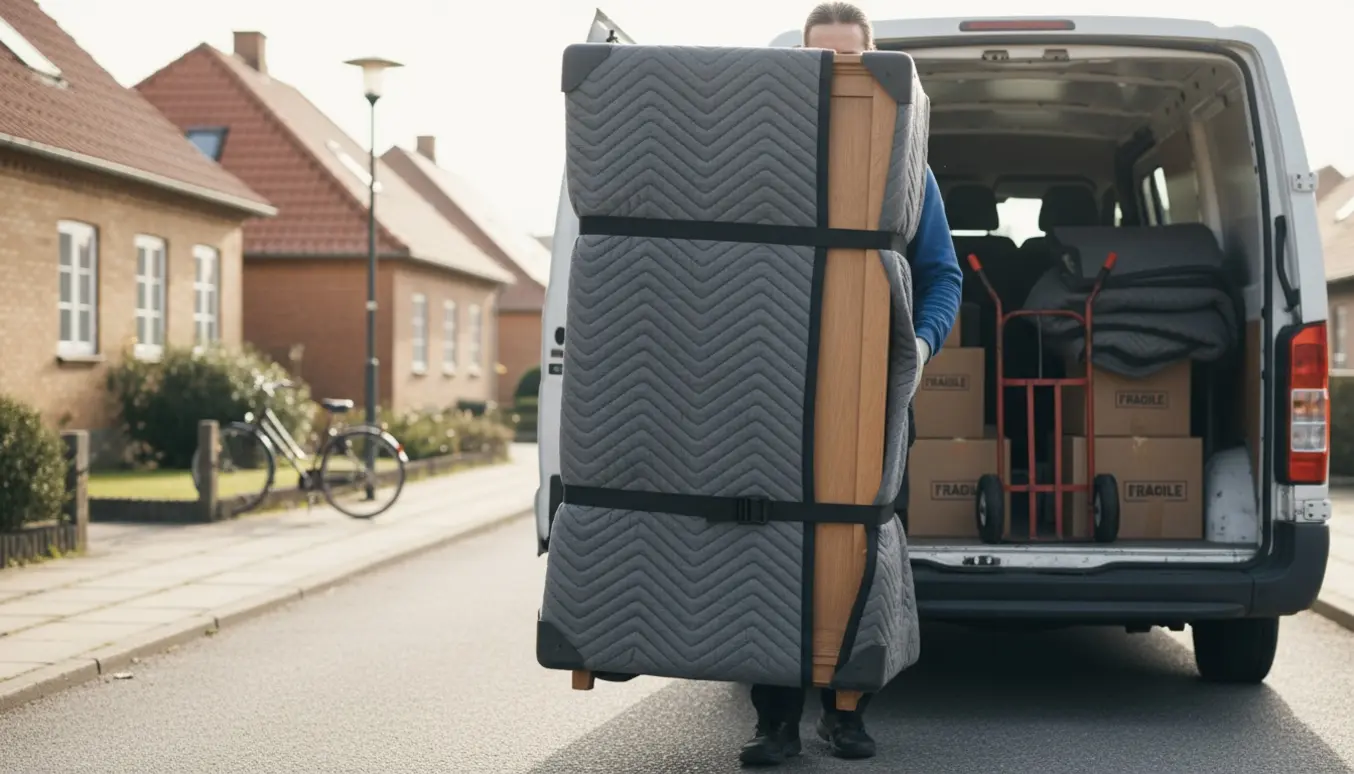 En person bærer en enkelt garderobe ind i en varevogn fra en stueetagesdør på en rolig forstadsgade.