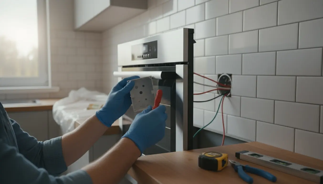 Handskerklædte hænder holder en stikdåse ved en ny ovn i et køkken, klar til at flytte stikkontakten.