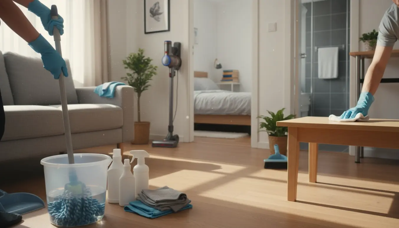Hænder i gummihandsker vasker trægulv i en lys, moderne lejlighed med moppe og støvsuger.