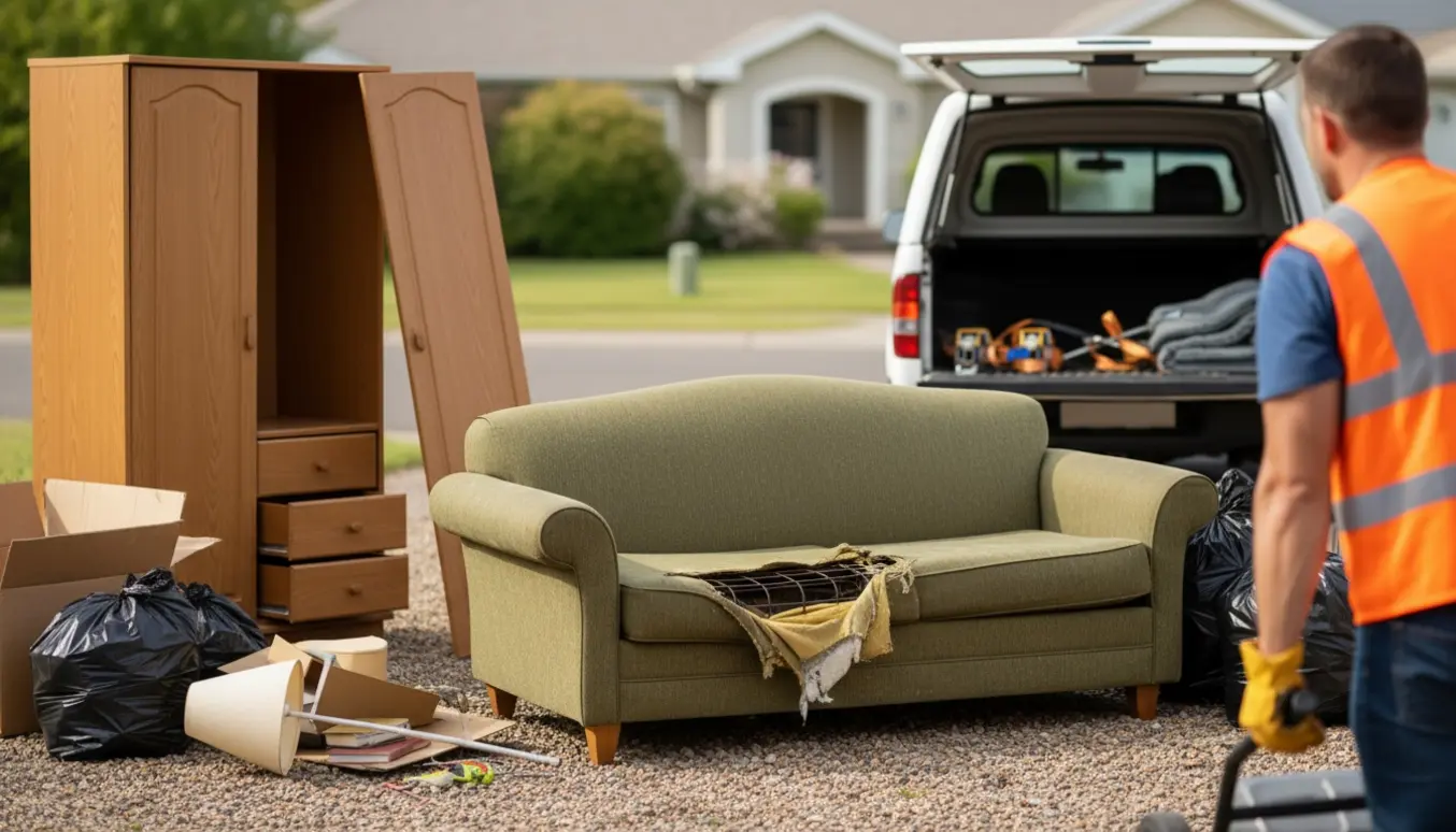 Gammel sofa og demonteret skab på indkørsel klar til afhentning, en arbejder ses bagfra med handsker.