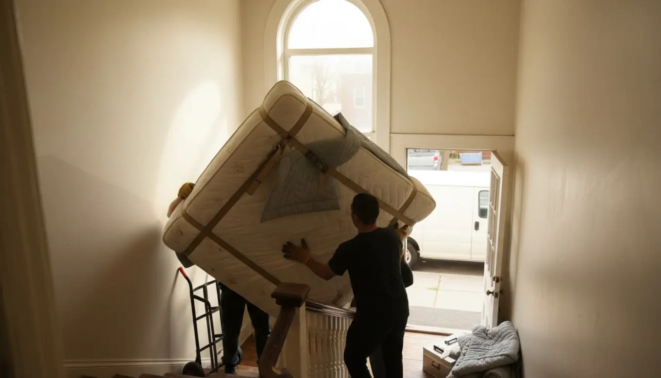 To flyttefolk bærer en stor firkantet seng ned ad en smal trappe med en flyttevogn i baggrunden.