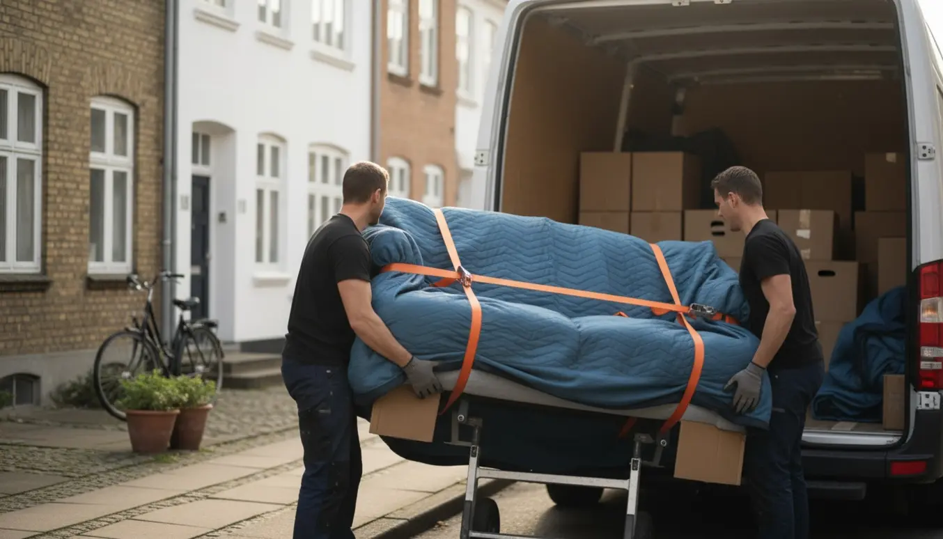 To flyttemænd læsser en sofa ind i en flyttevogn foran en rolig, skandinavisk bolig.