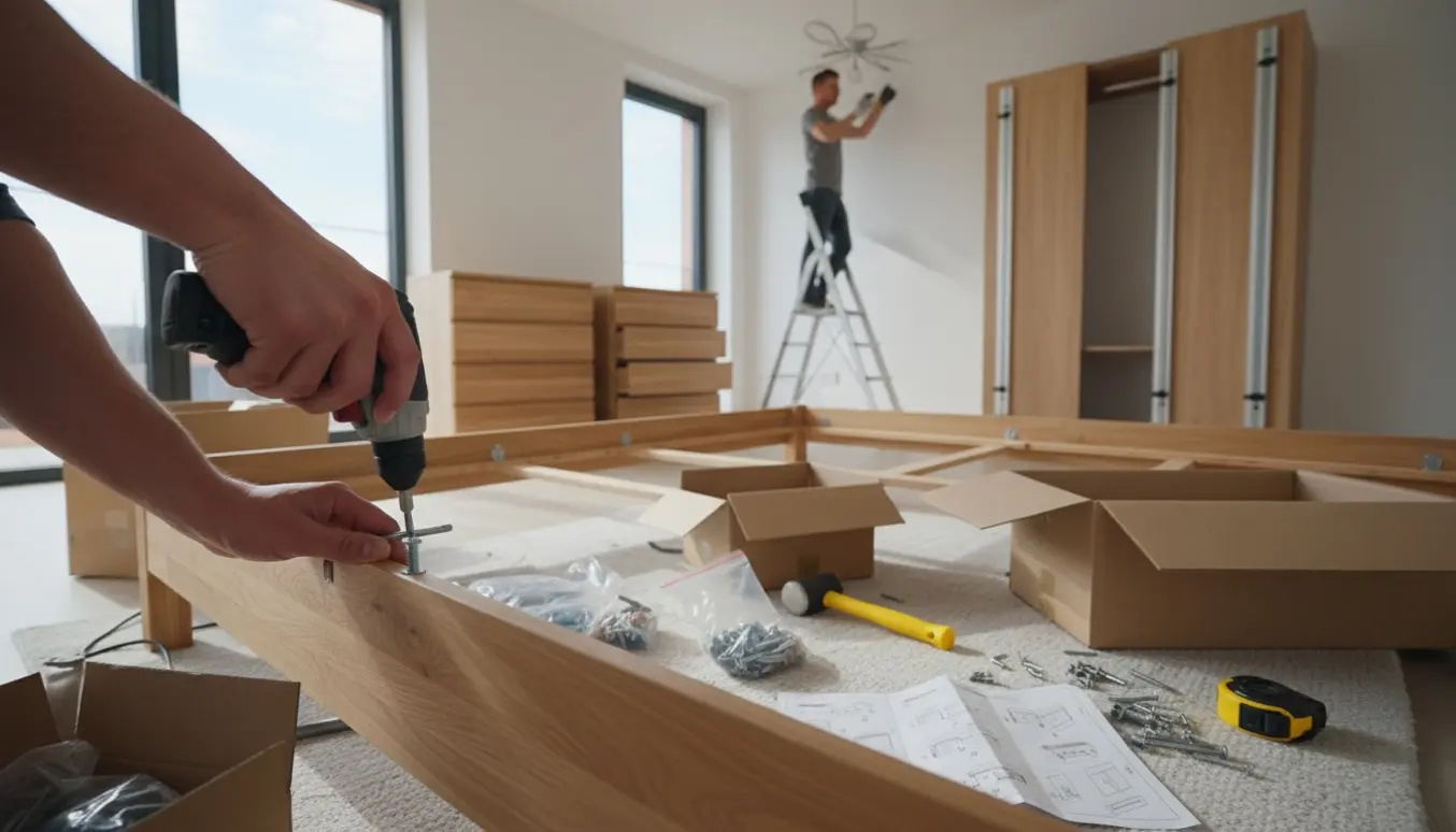 Hænder samler seng og kommoder i en lys stue med værktøj, mens en person på stige tager en lampe ned.
