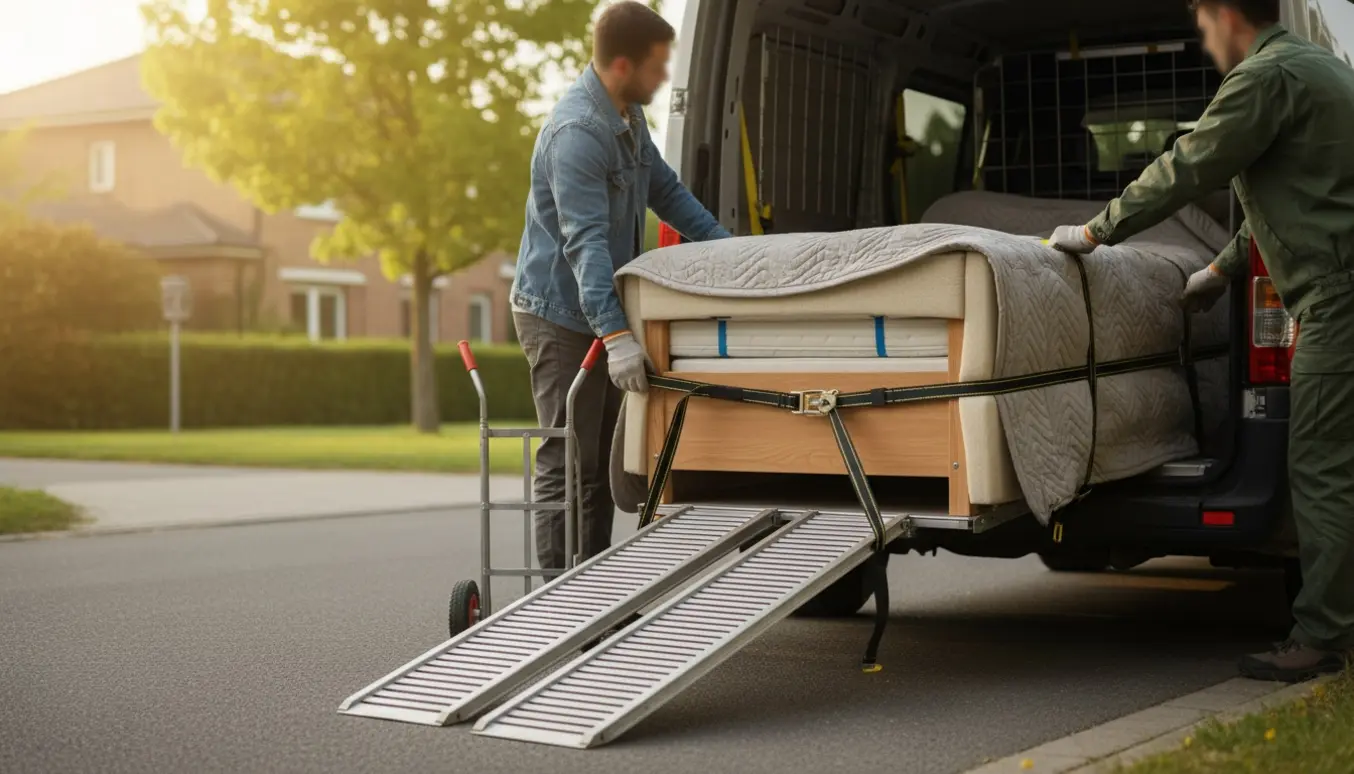 Juniorseng pakket og fastgjort i en varebil klar til afhentning.