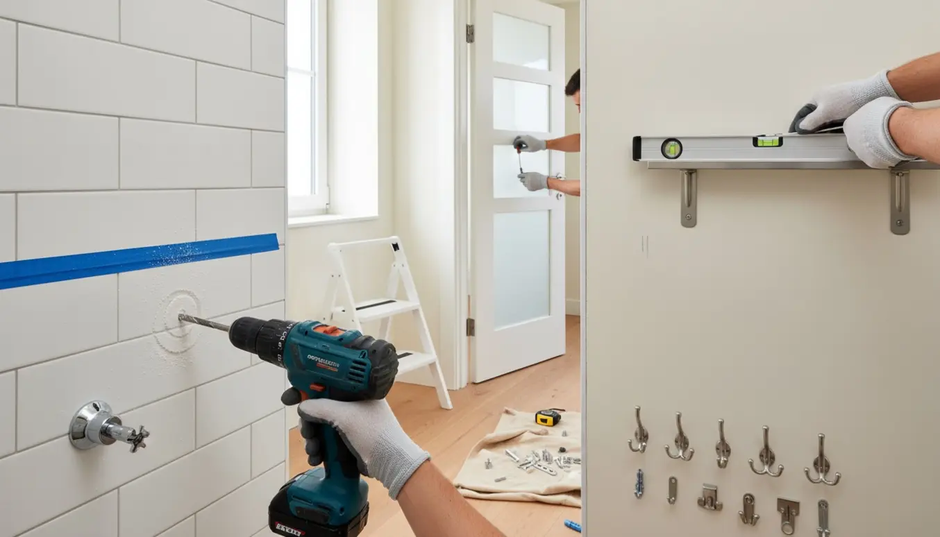 Nærbillede af hænder, der monterer brusebeslag, hylder og nøglehulsbeslag med bor og værktøj mod flise- og hårde vægge.