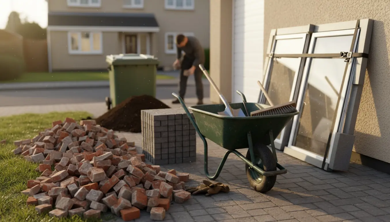 Indkørsel under oprydning med bunker af murbrokker, fliser, to store vinduer lænet op ad en garage og lidt jord klar til bortkørsel.