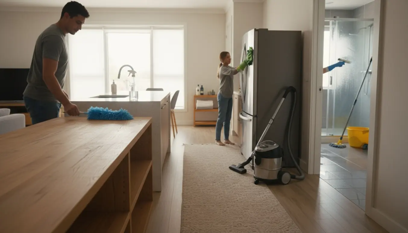 Person gør rent i et lyst hjem med støvsuger, moppe, klud og rengøringsmidler.