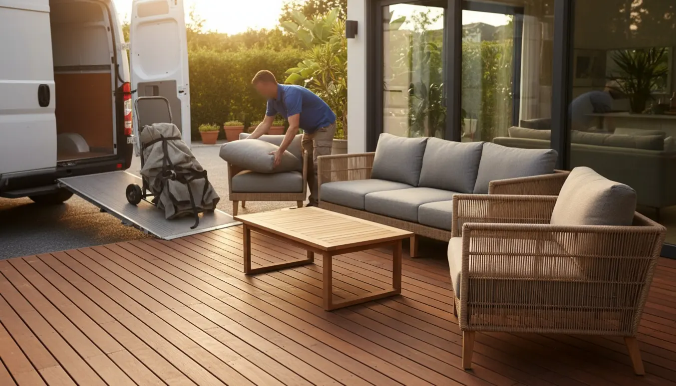 Levering af et sæt havemøbler på en træterrasse med sofa, loungestol og bord ved en åben varebil.
