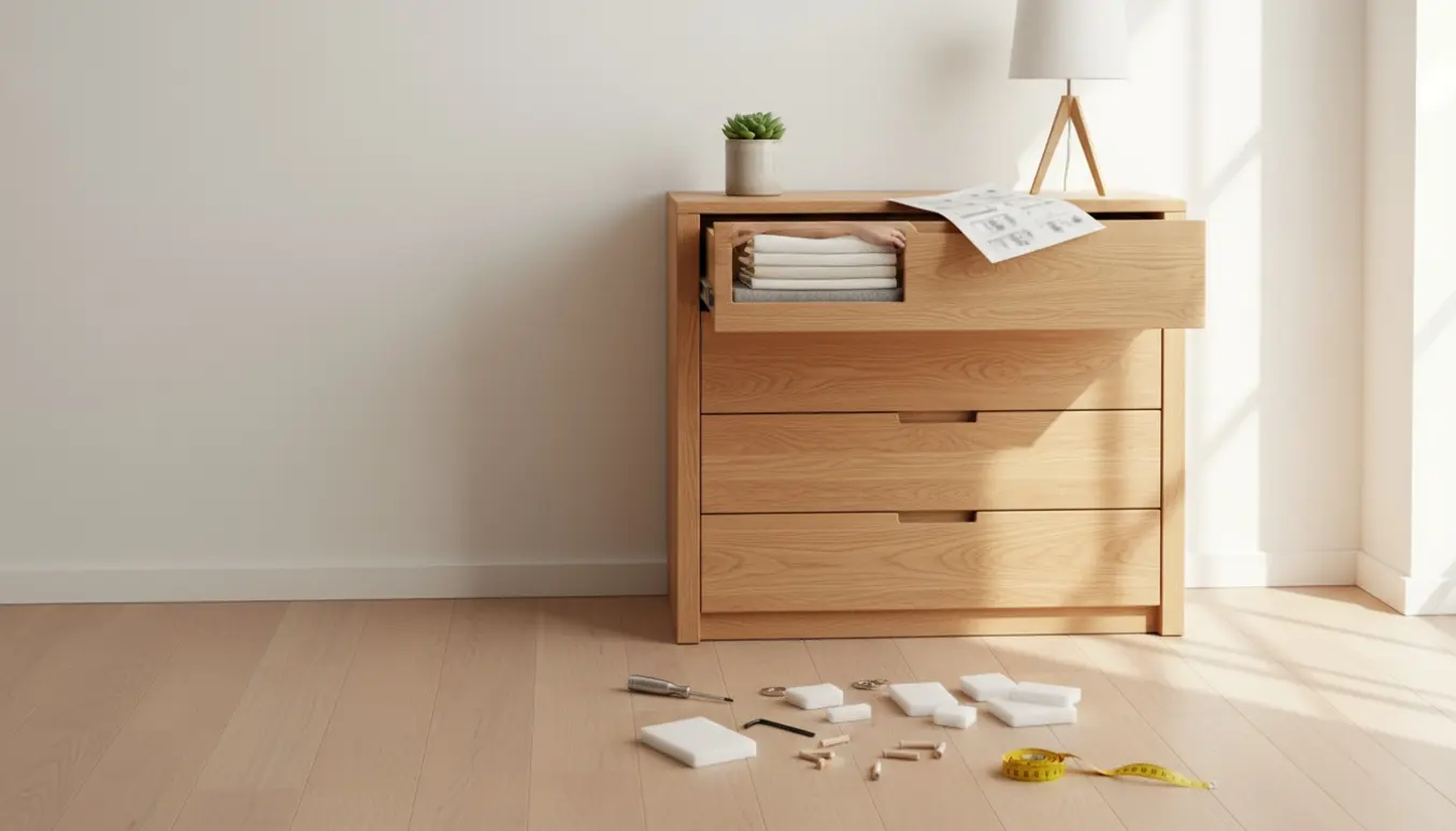 Lys egetræskommode med fire skuffer i en minimalistisk stue, en skuffe er åben og monteringsværktøj ligger ved siden af.
