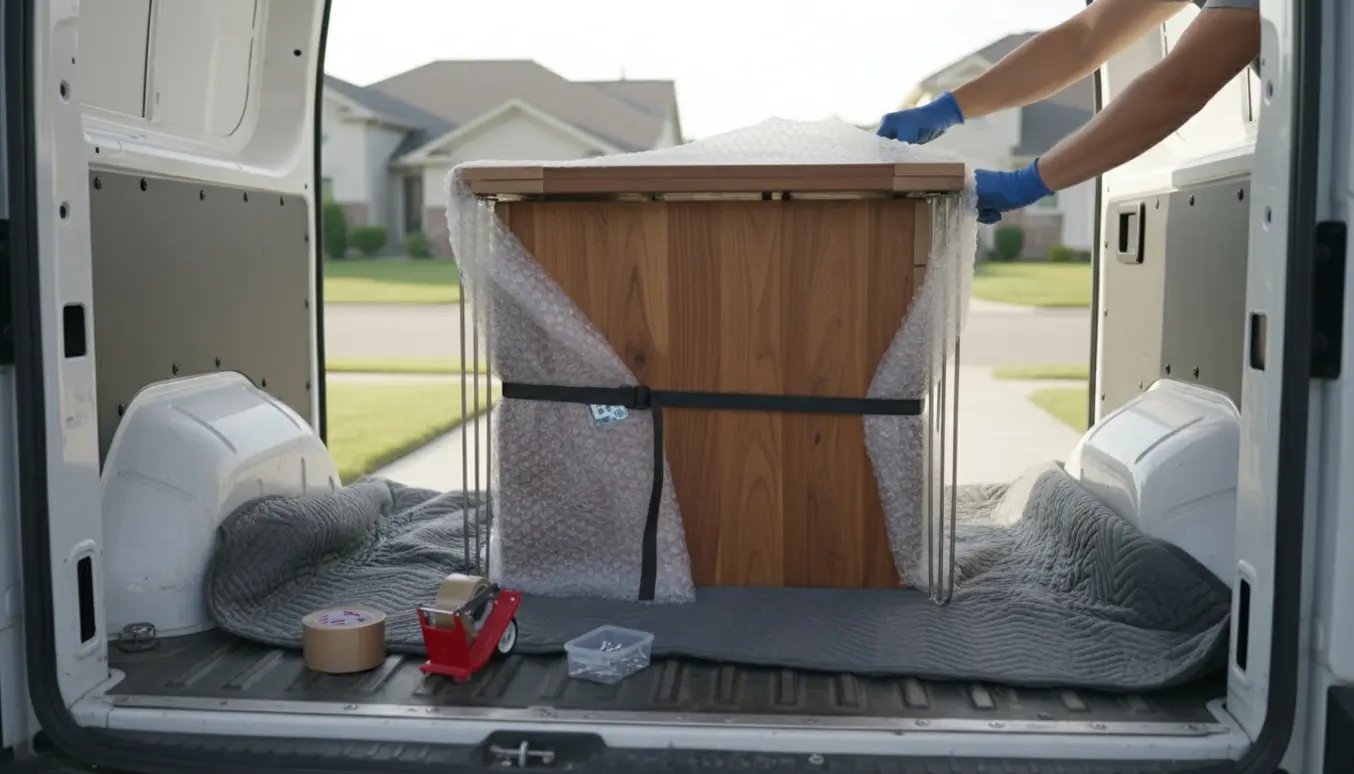 Et lille afmonteret spisebord pakket i flyttebakker og sikret i en varevogn, klar til transport.