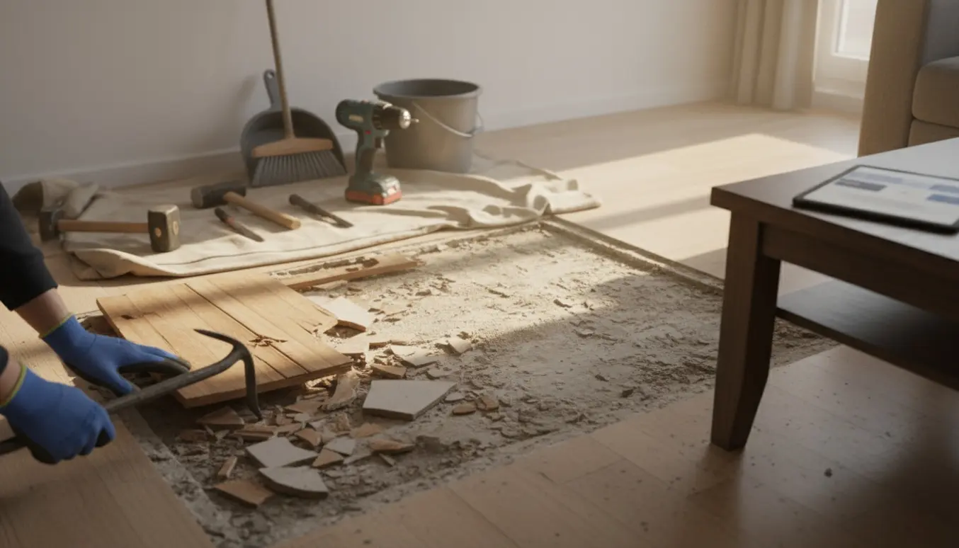 Delvist nedbrudt gulv i lejlighed med værktøj og en sløret tablet, der antyder problemer med opgavehåndtering.