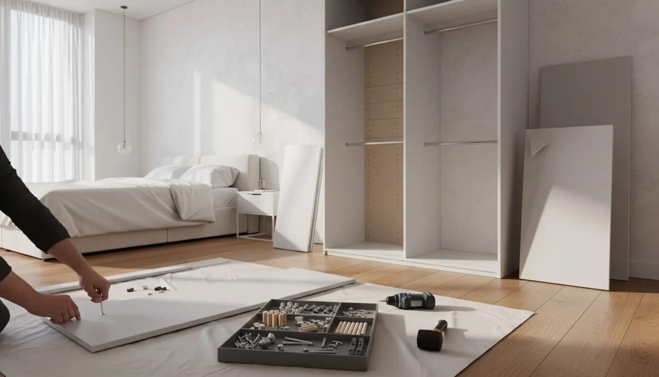 Nærbillede af hænder, der samler et hvidt-gråt fladpakket garderobeskab i et lyst rum.