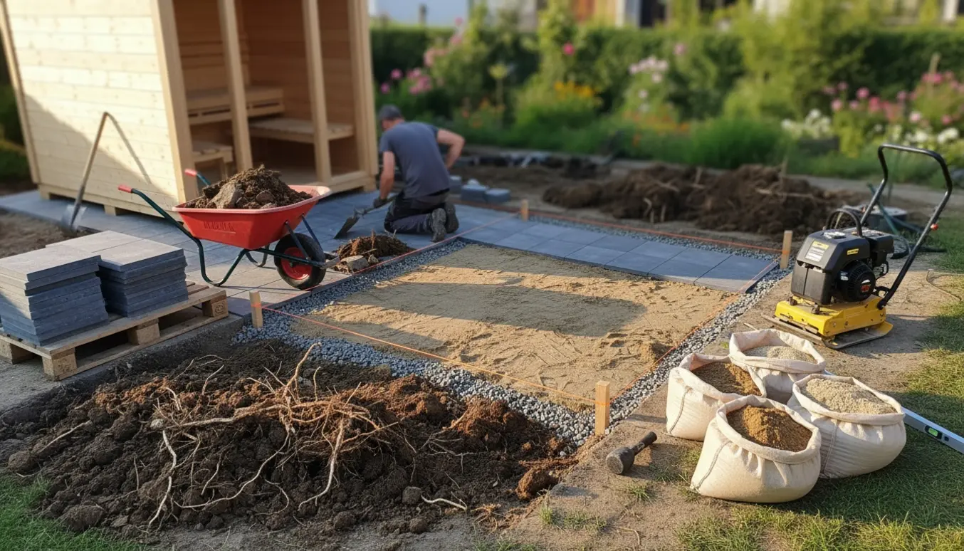 Udendørs byggeplads hvor jord og rødder graves væk og fliser lægges som underlag til en sauna.