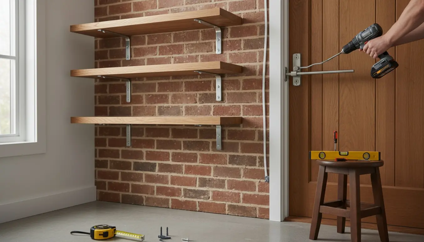 Indgangsparti med tre monterede hylder på murstensvæg, dørlukker og en pæn kabelafdækning ved hoveddøren.