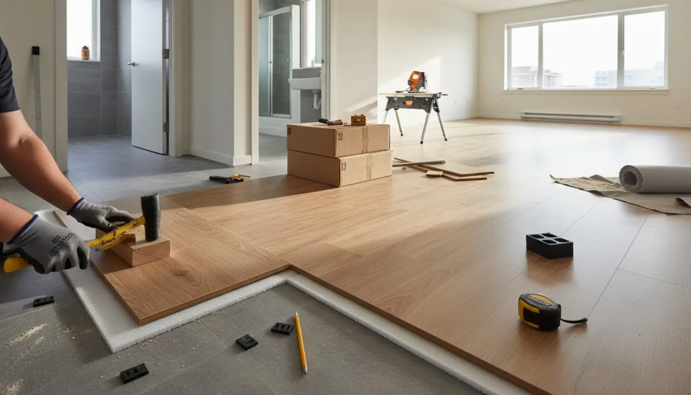 Hænder lægger klik-gulv med laminat i stuen og vinyl i entré og køkken i et lyst lejlighedsinteriør.