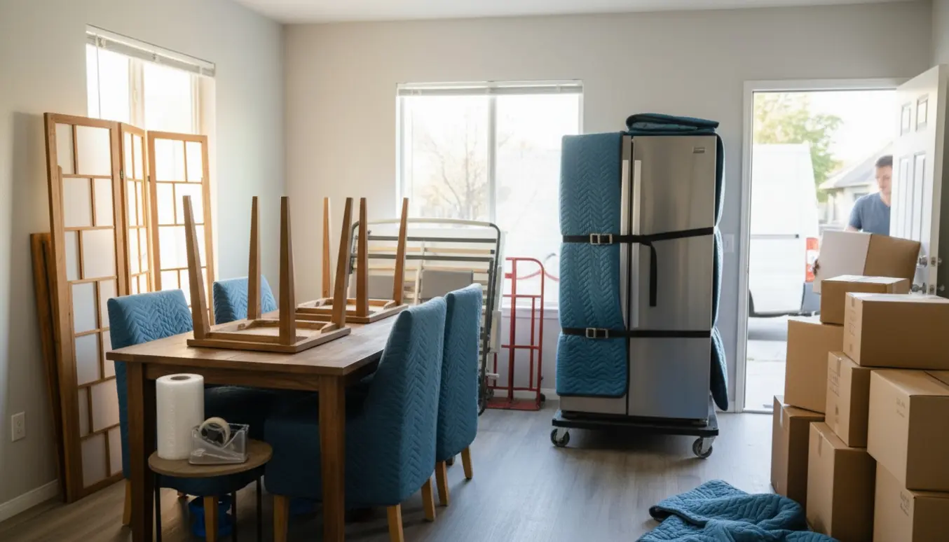 Flytning i en lys lejlighed med møbler, et køleskab på sækkevogn og stablede flyttekasser.