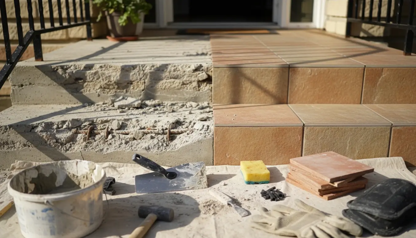Halvfærdig renovering af fortrappe med smuldrende beton på den ene side og nye fliser på den anden, værktøj i forgrunden.