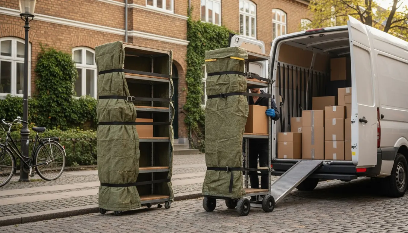 To høje reoler pakkes og lastes i en varevogn på en stille Frederiksberg-gade.