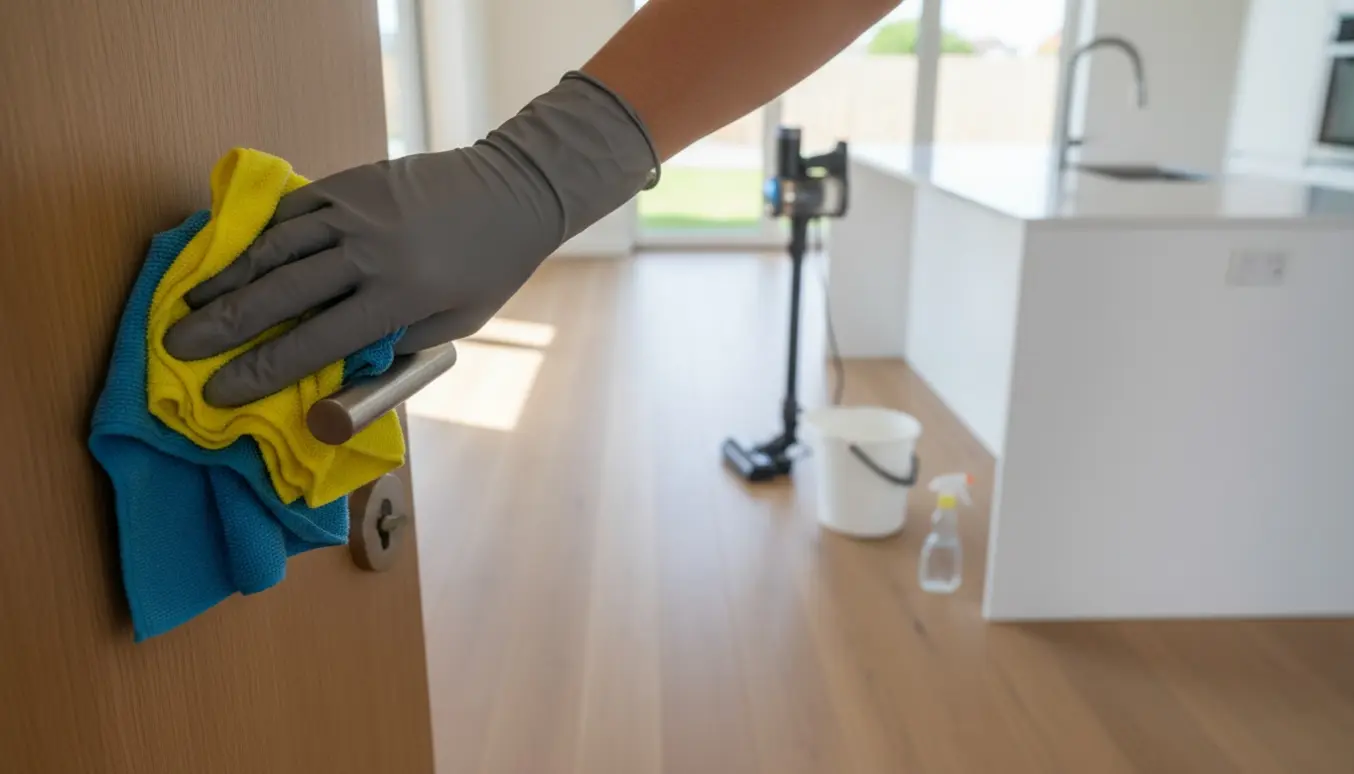 Rengøringsperson tørrer dørhåndtag af med microfiberklud i lyst etplanshus med støvsuger og moppe i baggrunden.