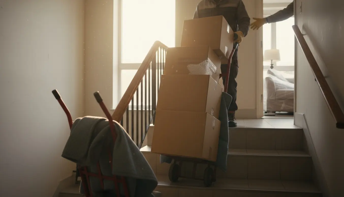 Flyttefolk triller stablede flyttekasser op ad en lys opgang, kun hænder og rygge synlige.