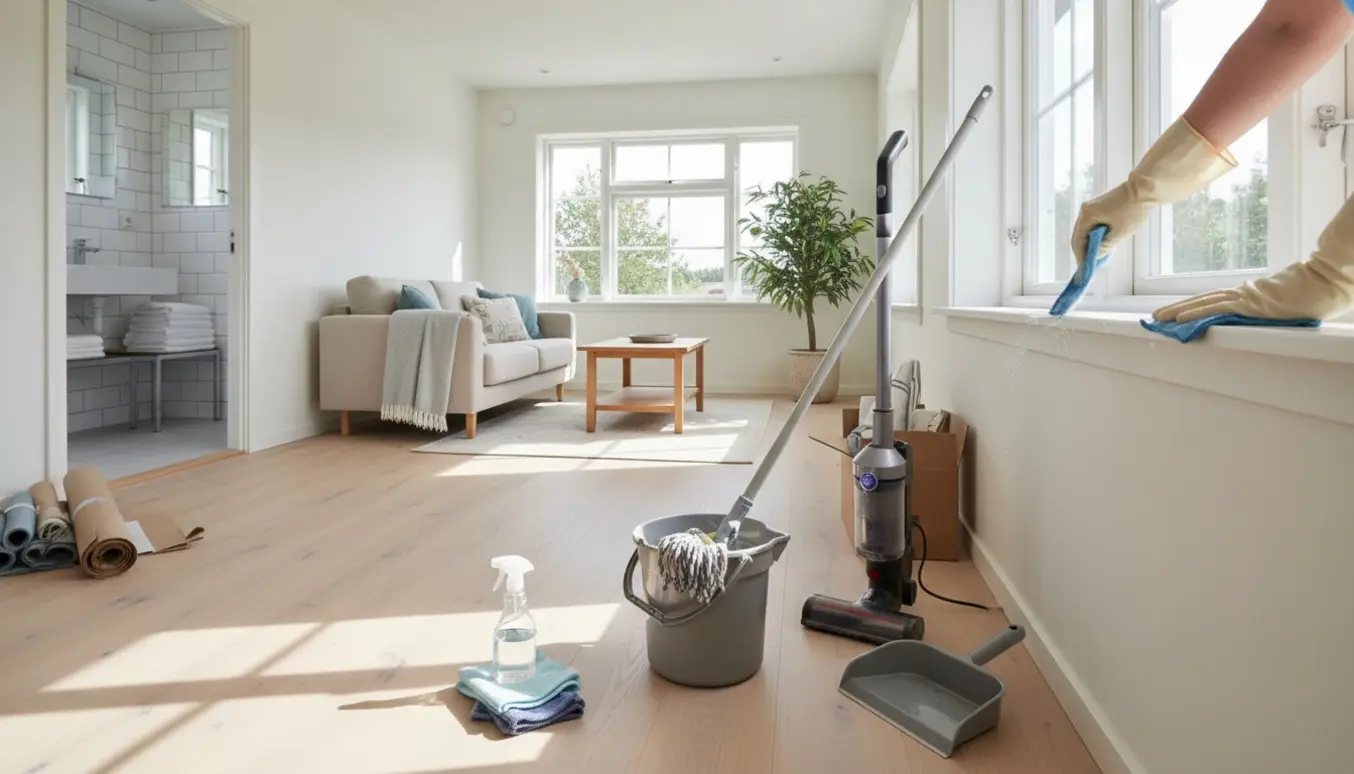 Nyrenoveret sommerhusinteriør med rengøringsredskaber i forgrunden og et skinnende badeværelse i baggrunden.