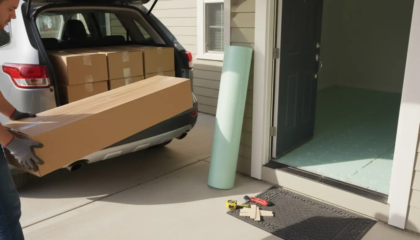 Åben bil med pakker laminat og en rulle underlag ved indgang, med underlaget lagt indendørs klar til gulvlægning.