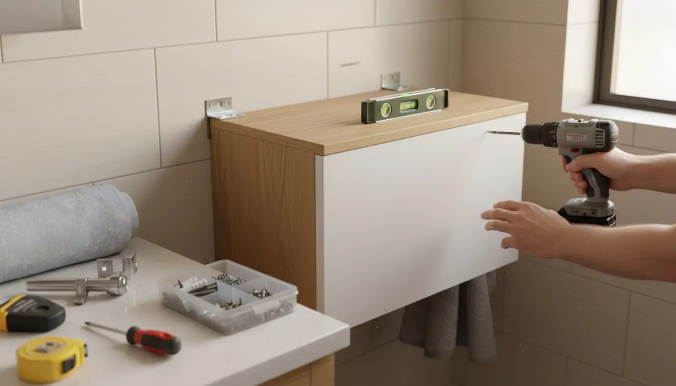 Hænder monterer et toiletskab på en flisevæg med boremaskine, vaterpas og en åben skruemappe ved siden af.