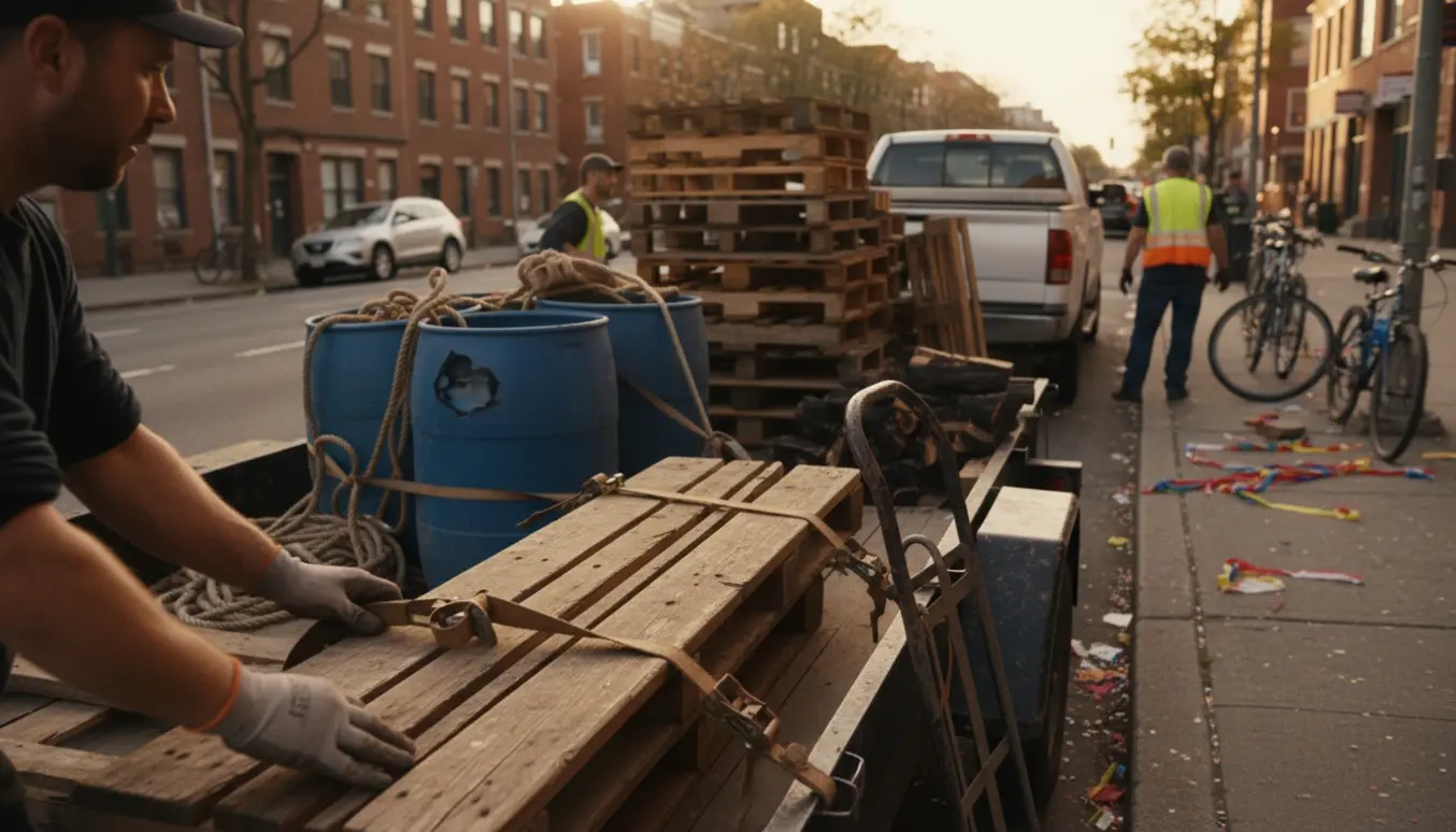 Frivillige læsser træbænke, paller og ødelagte plastikfustager op på trailer efter et stort udendørsarrangement.