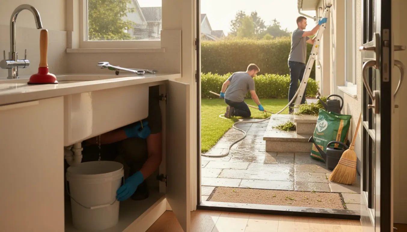 Åben hoveddør med en person der ordner en stoppet køkkenvask indendørs, mens udendørs stentrappe renses og ukrudt fjernes fra fliser og indkørsel.