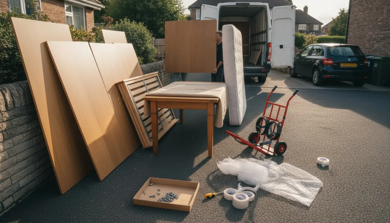 Afmonterede møbler og flyttematerialer på indkørsel klar til afhentning.