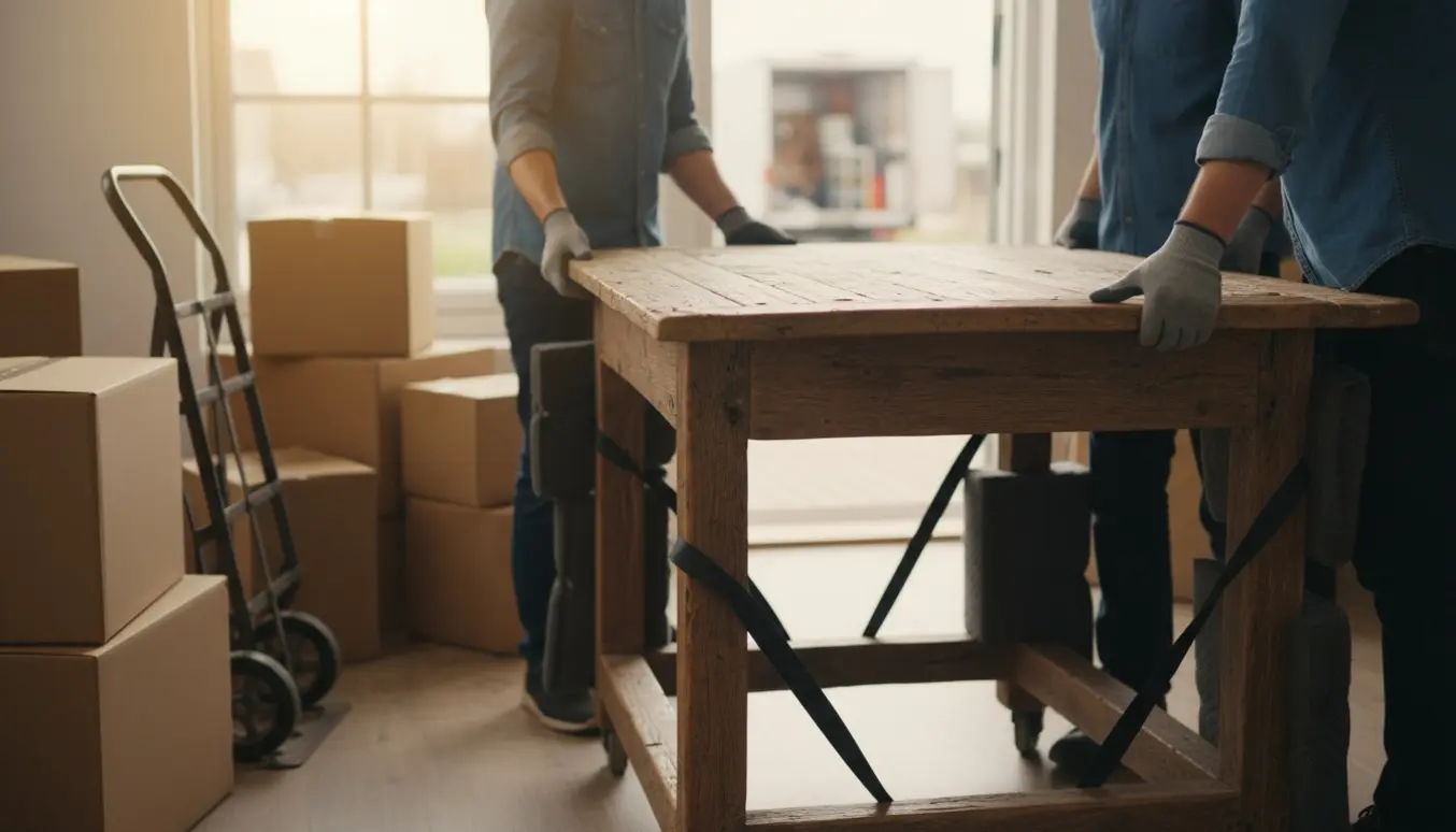 Et gammelt træspisebord løftes af to personer ind i et lyst hjem, beskyttet af tæpper og en møbeldolly.