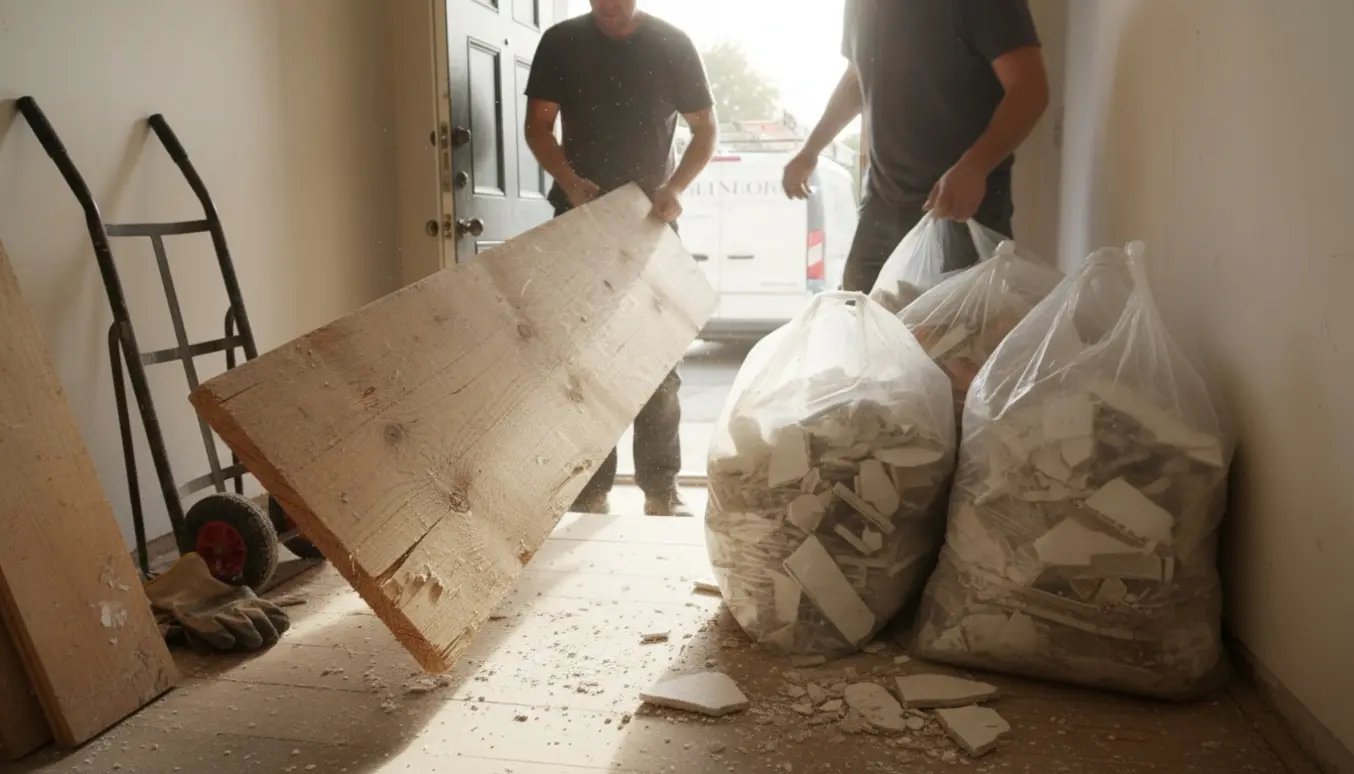 Hænder bærer et langt træbræt ned ad en trappe, med gennemsigtige poser fyldt med puds og knækkede gipsplader samlet ved entréen.
