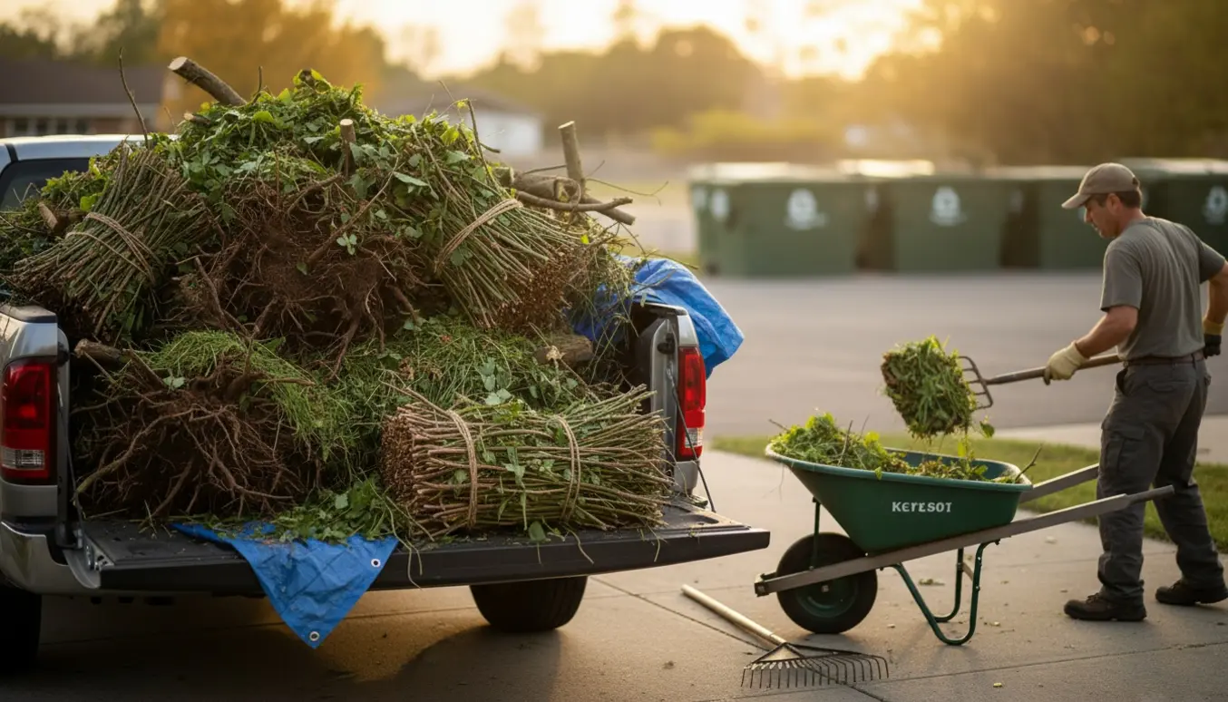 Åben trailer og pickup fyldt med haveaffald på indkørsel, klar til kørsel til genbrugspladsen.