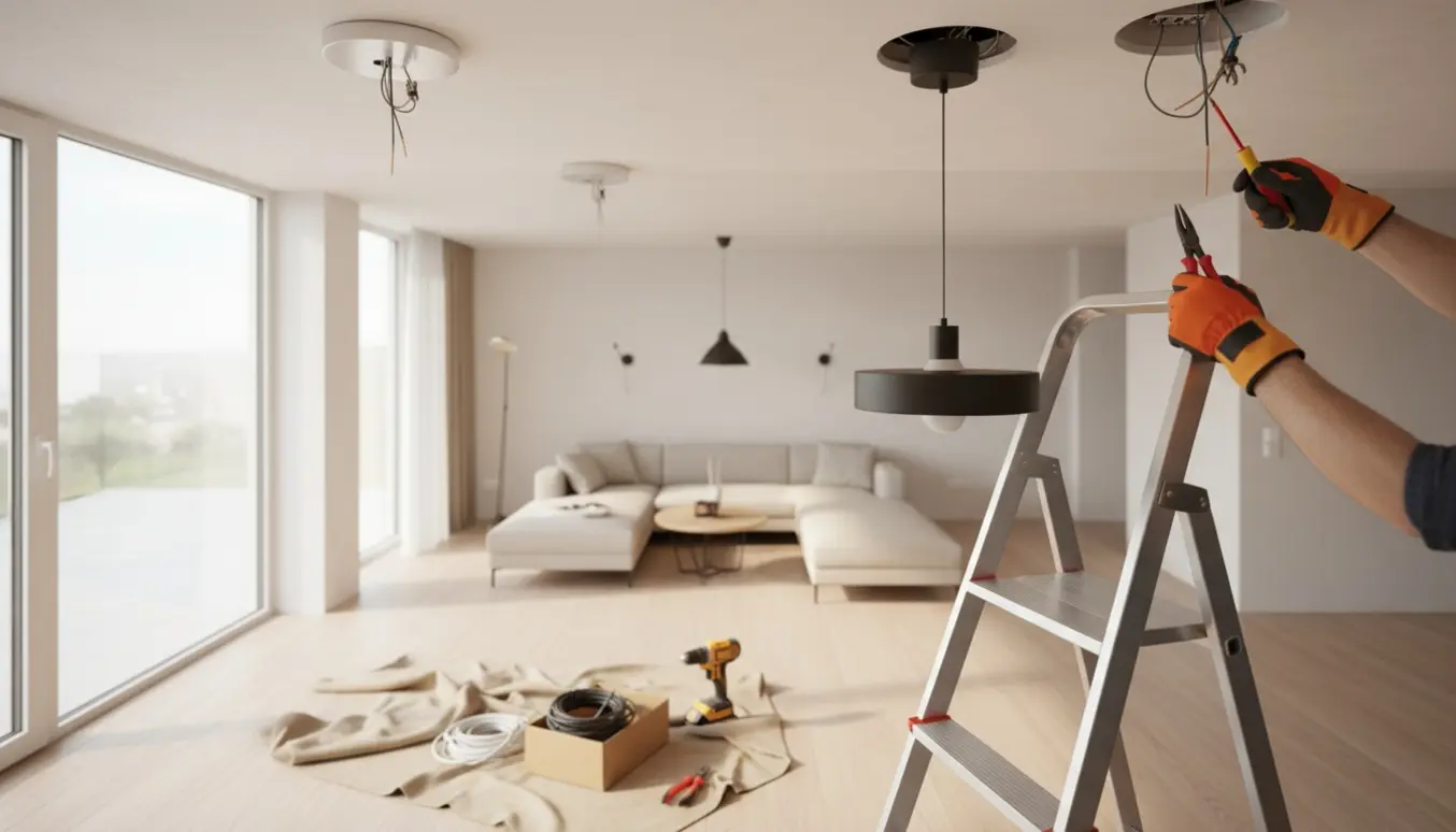 Hænder på en stige afmonterer og geninstallerer loftslamper i et lyst, moderne rum.