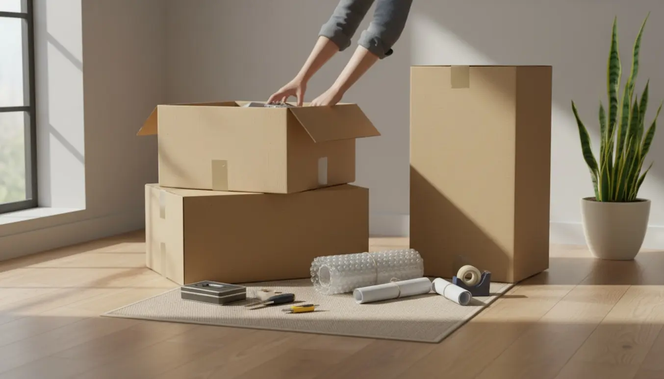 To skænke og et skoskab i lukkede papkasser i en lys entré, klar til at blive pakket ud.