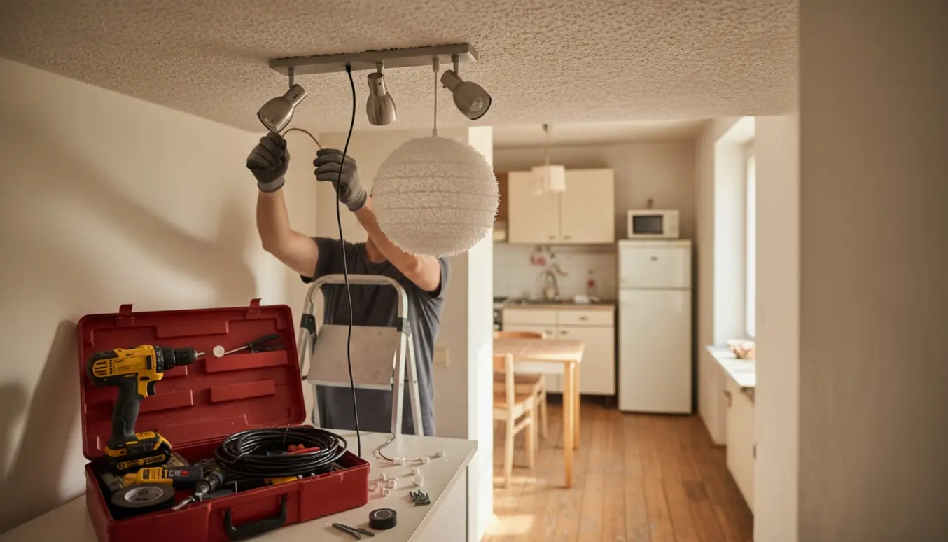 En tekniker hænger en hvid plyslampe op i et ældre hjem, mens to spots allerede er monteret i loftet.
