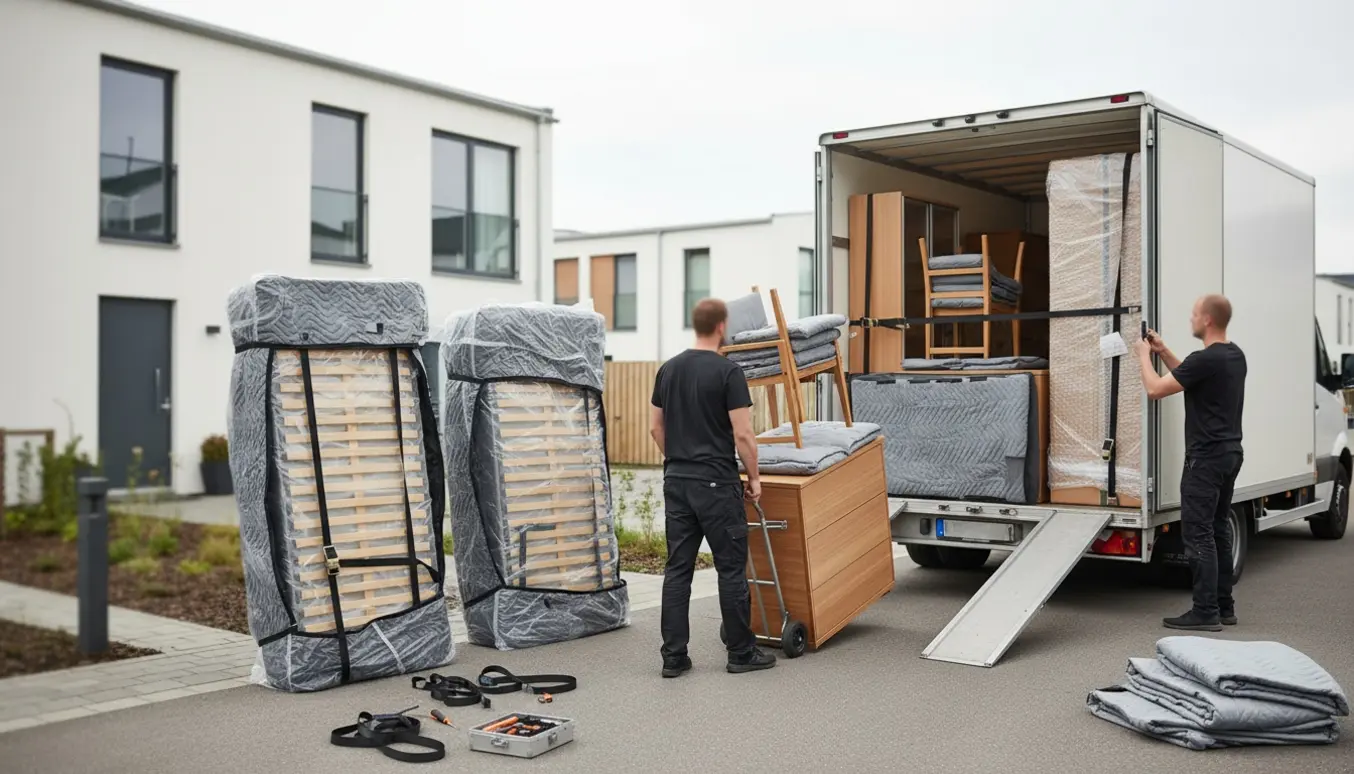 To flyttemænd læsser afmonterede senge og møbler ind i en stor lukket trailer foran en bolig.