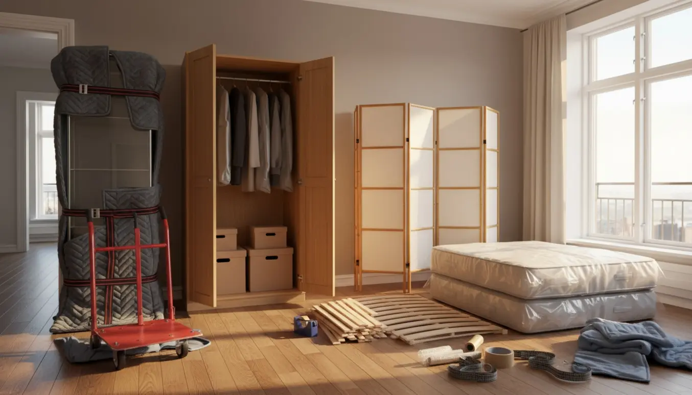 Flyttescene med indpakket vitrineskab, mindre tøjskab, to rumdelere og to senge i en lys lejlighed.