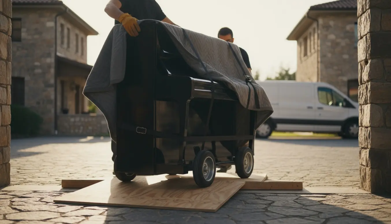 Et indpakket klaver på en dolly bliver flyttet fra en villa over en lav rampe mod en ubrandet flyttevogn.