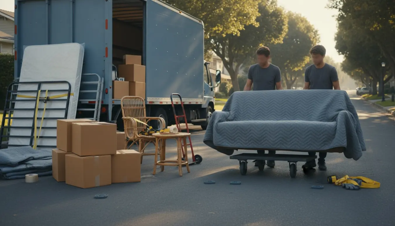 Flyttefolk bærer en indpakket sofa ved siden af stabler af kasser, en nedtaget seng og havemøbler foran en flyttebil.