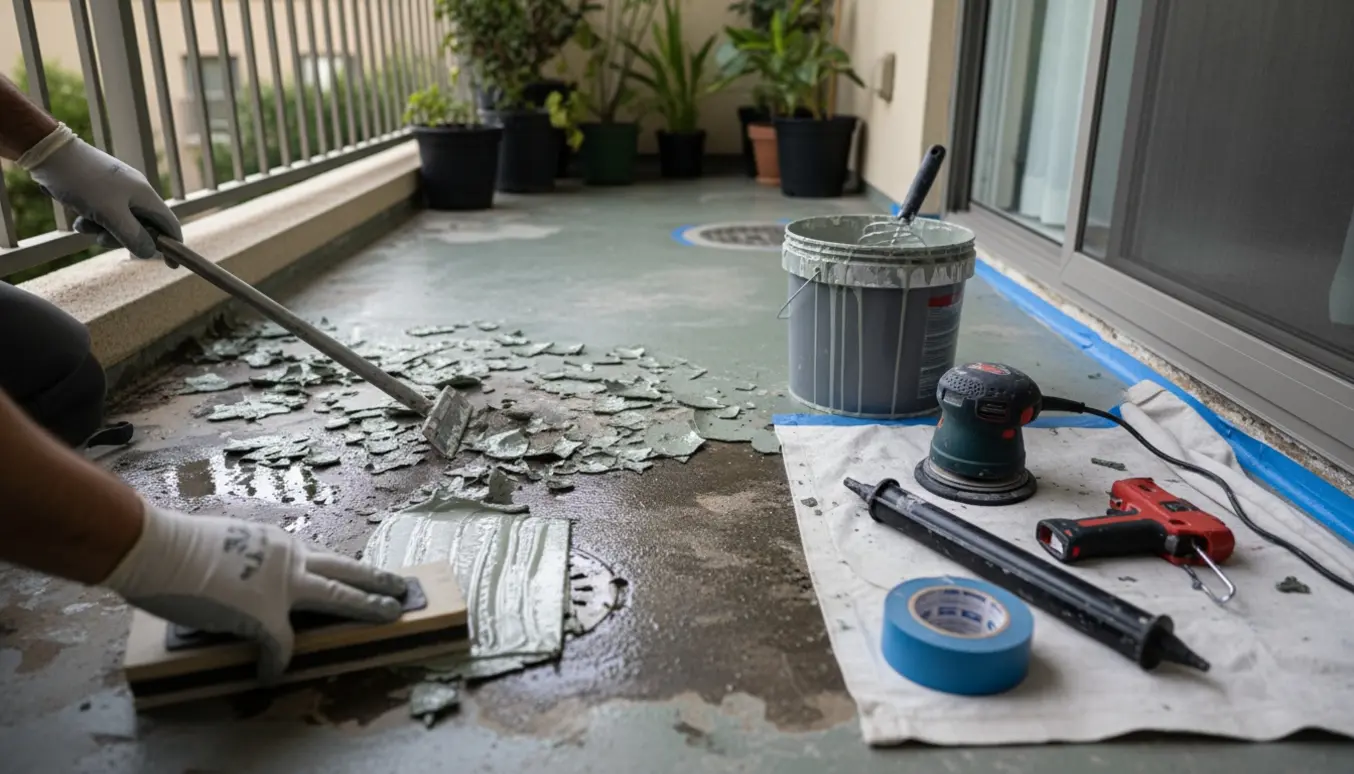 Altan under renovering med fjernet epoxy, våde pletter og værktøj på plads.