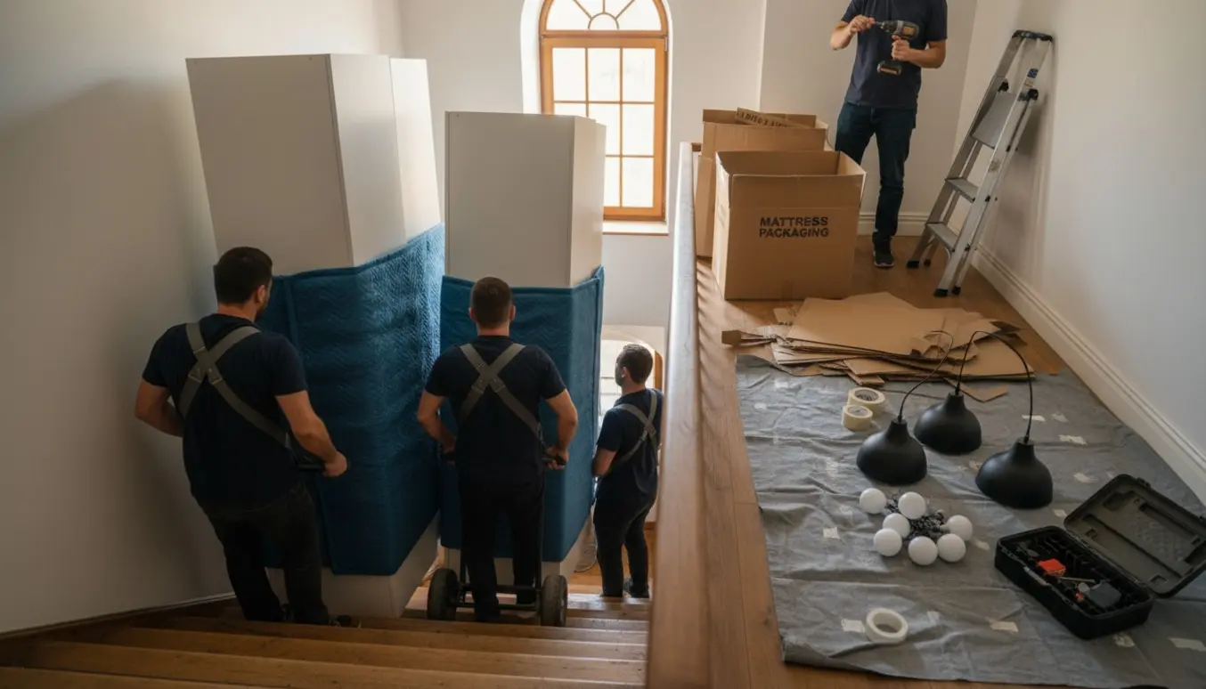 To garderobeskabe bæres op ad en smal trætrappe med papemballage og en stige til loftlamper på landingen.