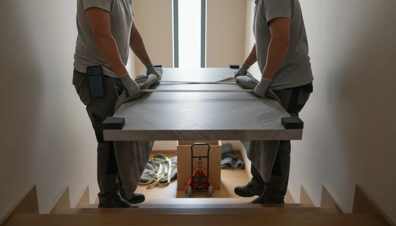 To personer bærer et tungt gråt travertin spisebord op ad en opgang med flyttetæpper og udstyr.